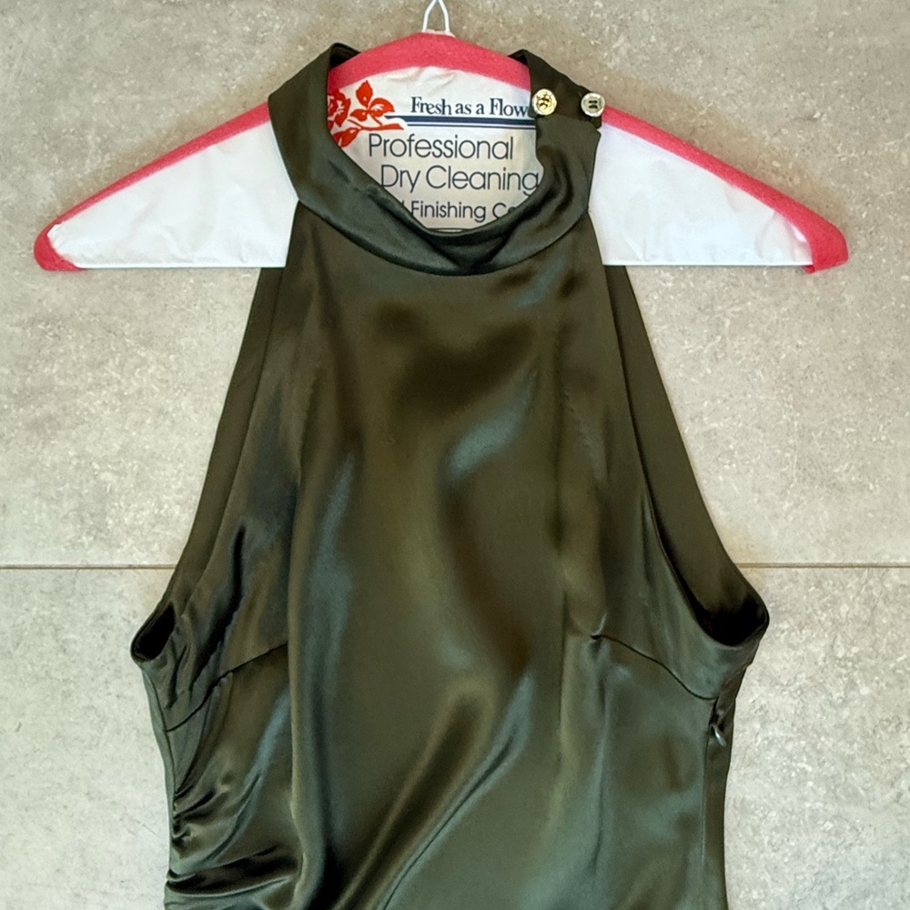 Retrofete Olive Green High-Low Halter Gown - Picture 6 of 12